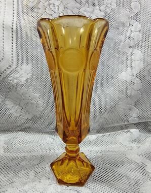 Vintage Fostoria Amber Coin Glass 8" High Footed Vase